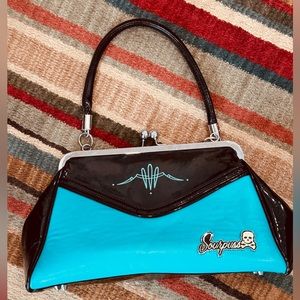 SOURPUSS PINSTRIPE Backseat Baby, Kiss Lock Shoulder Purse in Teal